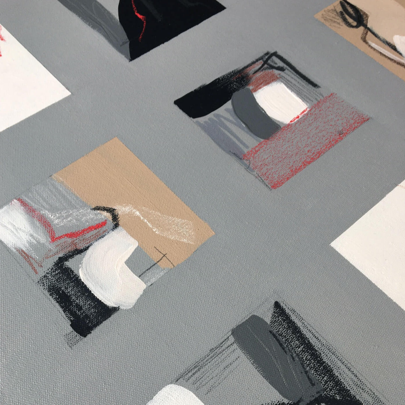 One-of-a-kind contemporary abstract painting PHOTO ALBUM by Laura Treimane Saulaja. 80x80cm 31.4"x31.4" Acrylic | Mixed Media on canvas. Gray, red, burnt sienna, black and white colors. The artist created the painting as an abstract photo album. Stretched canvas. Ready to hang. Unframed. Painting for modern interiors. Detail big 3