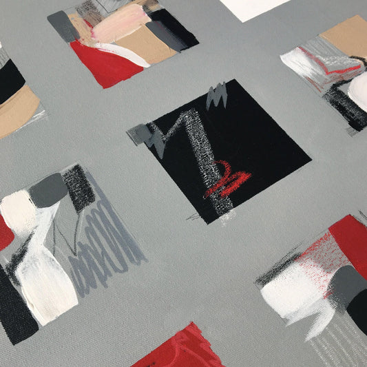 One-of-a-kind contemporary abstract painting PHOTO ALBUM by Laura Treimane Saulaja. 80x80cm 31.4"x31.4" Acrylic | Mixed Media on canvas. Gray, red, burnt sienna, black and white colors. The artist created the painting as an abstract photo album. Stretched canvas. Ready to hang. Unframed. Painting for modern interiors. Big detail