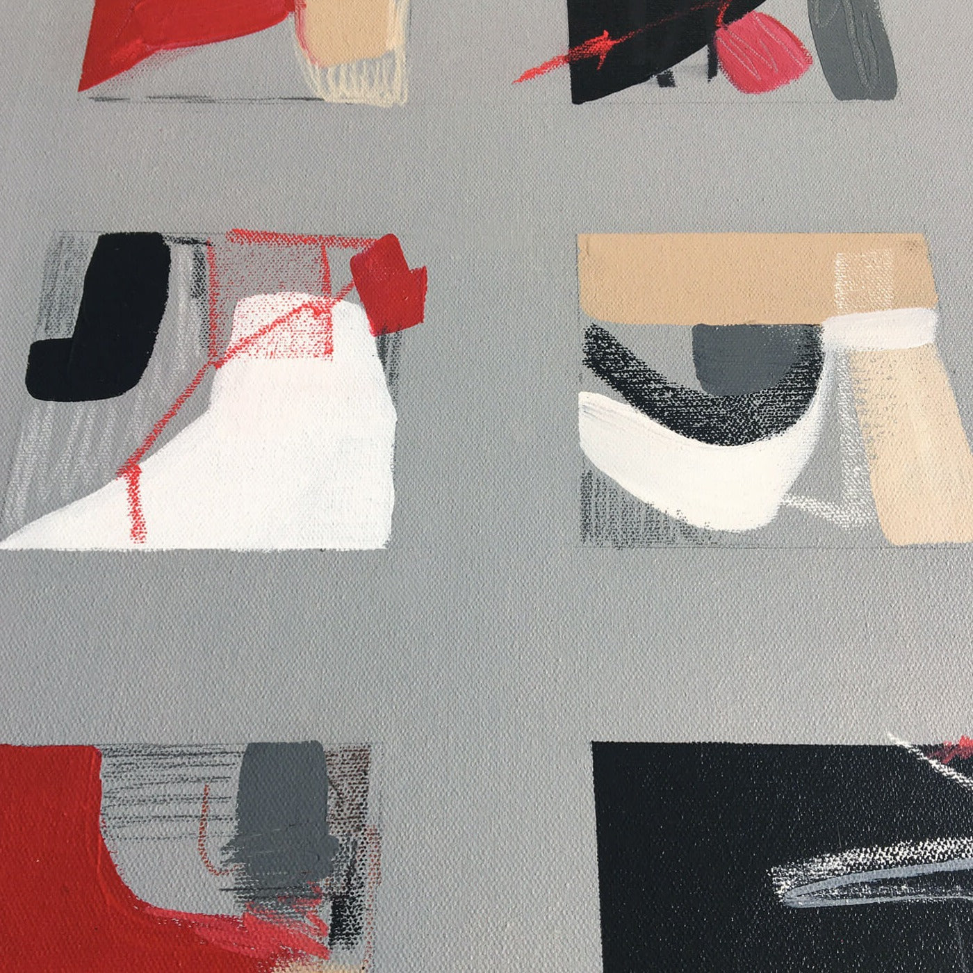 One-of-a-kind contemporary abstract painting PHOTO ALBUM by Laura Treimane Saulaja. 80x80cm 31.4"x31.4" Acrylic | Mixed Media on canvas. Gray, red, burnt sienna, black and white colors. The artist created the painting as an abstract photo album. Stretched canvas. Ready to hang. Unframed. Painting for modern interiors. Big detail 2