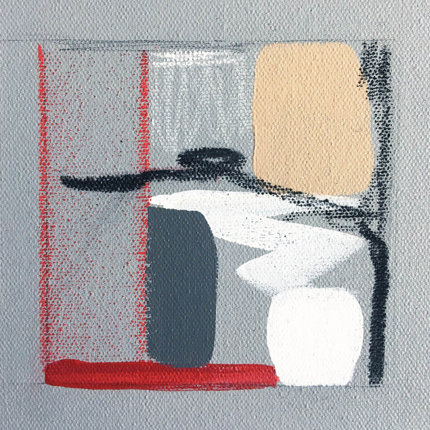 One-of-a-kind contemporary abstract painting PHOTO ALBUM by Laura Treimane Saulaja. 80x80cm 31.4"x31.4" Acrylic | Mixed Media on canvas. Gray, red, burnt sienna, black and white colors. The artist created the painting as an abstract photo album. Stretched canvas. Ready to hang. Unframed. Painting for modern interiors. Detail