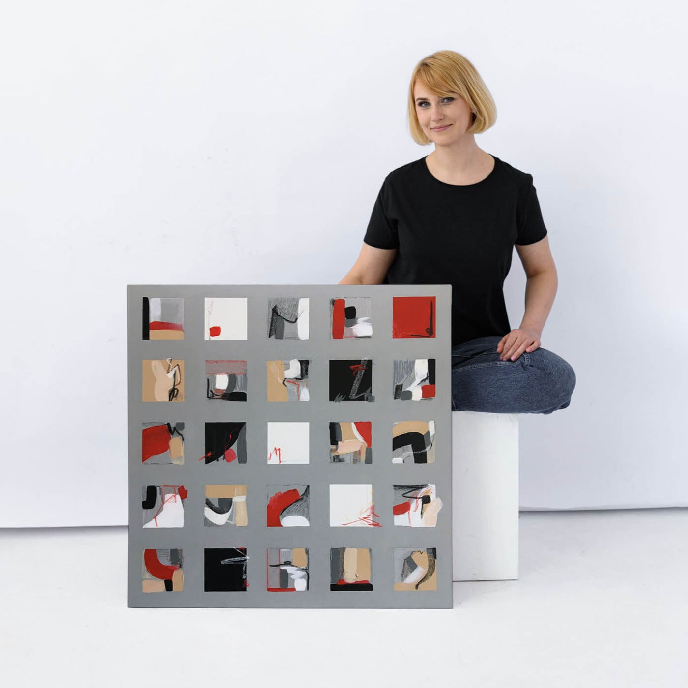 One-of-a-kind contemporary abstract painting PHOTO ALBUM by Laura Treimane Saulaja. 80x80cm 31.4"x31.4" Acrylic | Mixed Media on canvas. Gray, red, burnt sienna, black and white colors. The artist created the painting as an abstract photo album. Stretched canvas. Ready to hang. Unframed. Painting for modern interiors. Painting with author Laura Treimane Saulaja