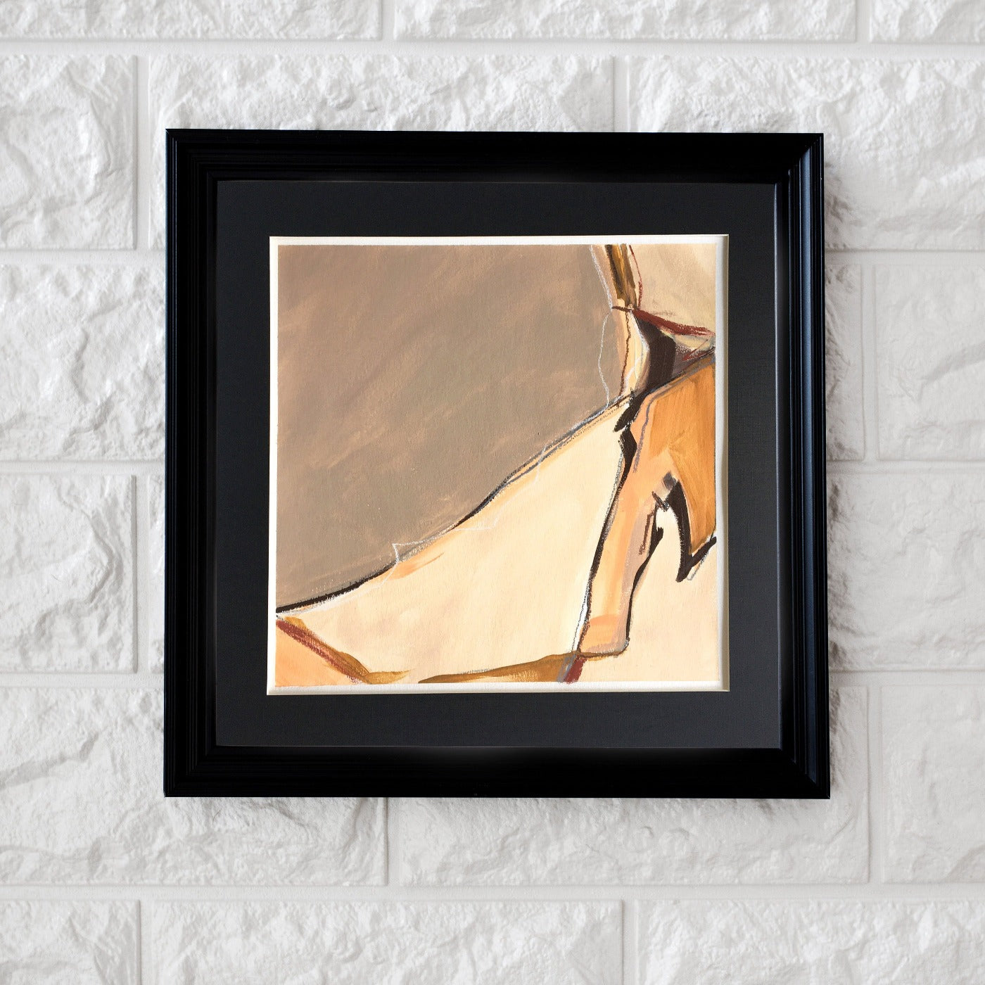 One-of-a-kind mixed media artwork in warm gray, white, light ochre, raw sienna, and black colors. Intuitive composition in the artist's art practice. Framed in black, matt paper frame. Mockup